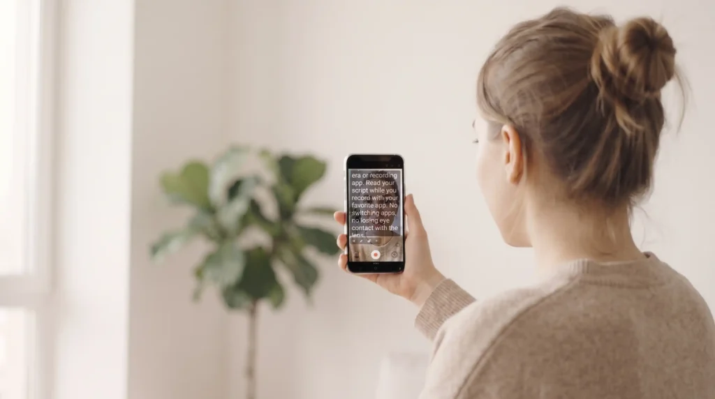 Photo over the shoulder of a woman using her mobile phone in selfie mode, showing Floaty running as she is recording a video
